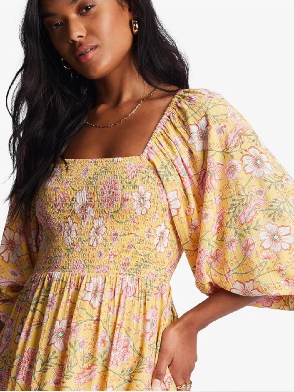 Billabong Paradise Days Dress‎ Golden smocked bodice Boho Peasant Floral Medium - Picture 2 of 11